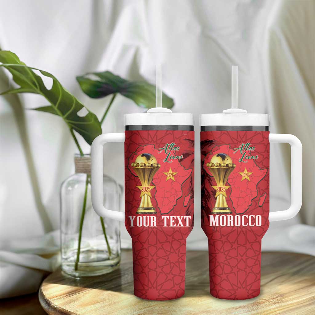 Morocco Football Custom Tumbler With Handle Atlas Lions Champions African Red Islamic Pattern