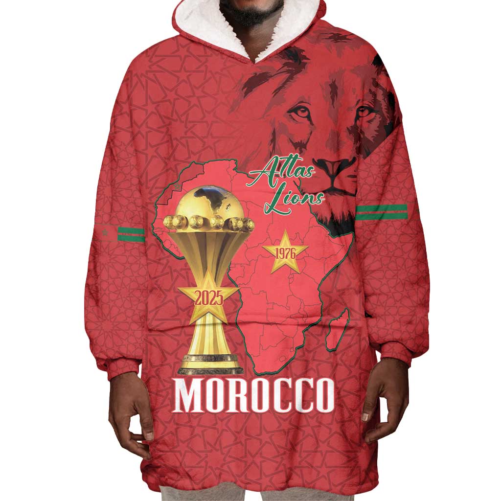 Morocco Football Custom Wearable Blanket Hoodie Atlas Lions Champions African Red Islamic Pattern