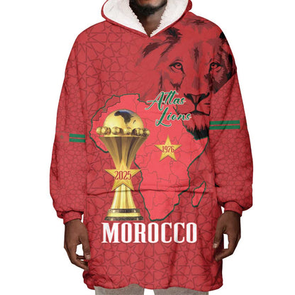 Morocco Football Custom Wearable Blanket Hoodie Atlas Lions Champions African Red Islamic Pattern