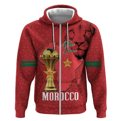 Morocco Football Custom Zip Hoodie Atlas Lions Champions African Red Islamic Pattern