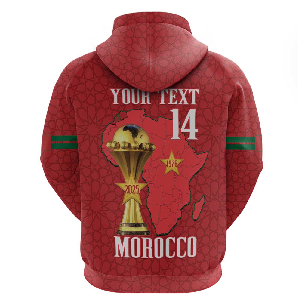 Morocco Football Custom Zip Hoodie Atlas Lions Champions African Red Islamic Pattern