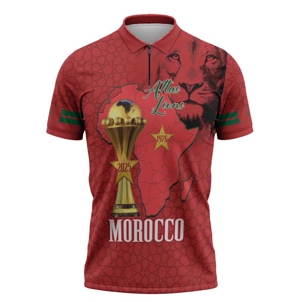 Morocco Football Custom Zipper Polo Shirt Atlas Lions Champions African Red Islamic Pattern