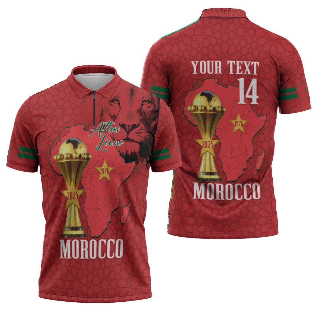 Morocco Football Custom Zipper Polo Shirt Atlas Lions Champions African Red Islamic Pattern