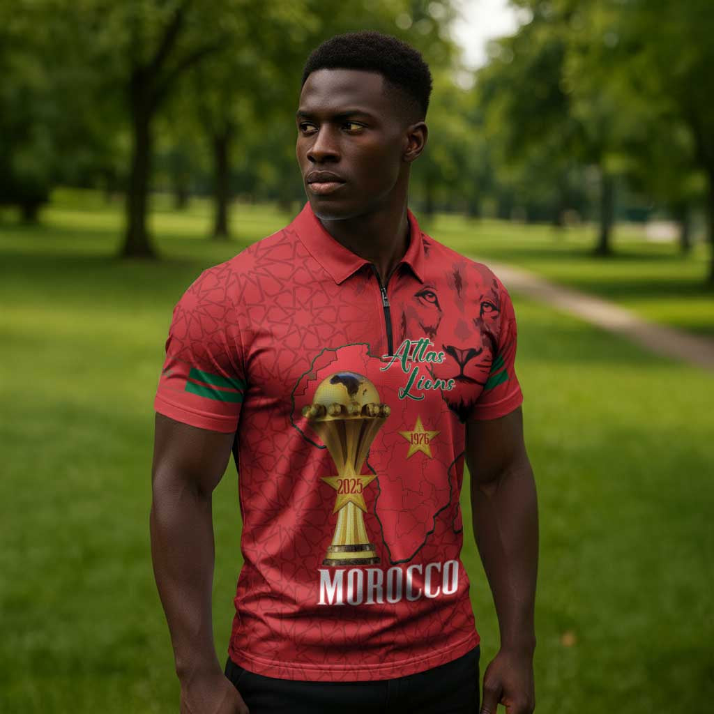 Morocco Football Custom Zipper Polo Shirt Atlas Lions Champions African Red Islamic Pattern