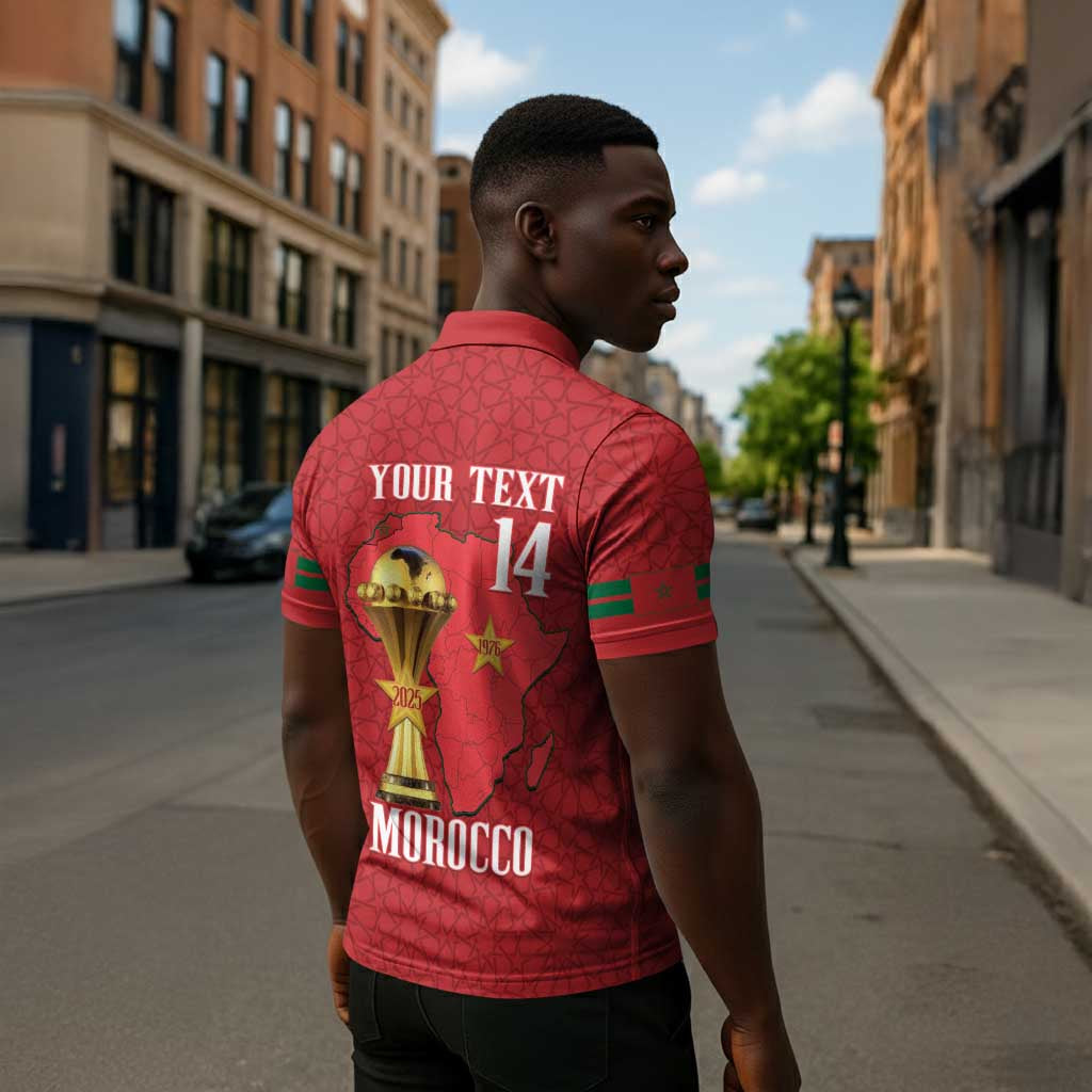 Morocco Football Custom Zipper Polo Shirt Atlas Lions Champions African Red Islamic Pattern
