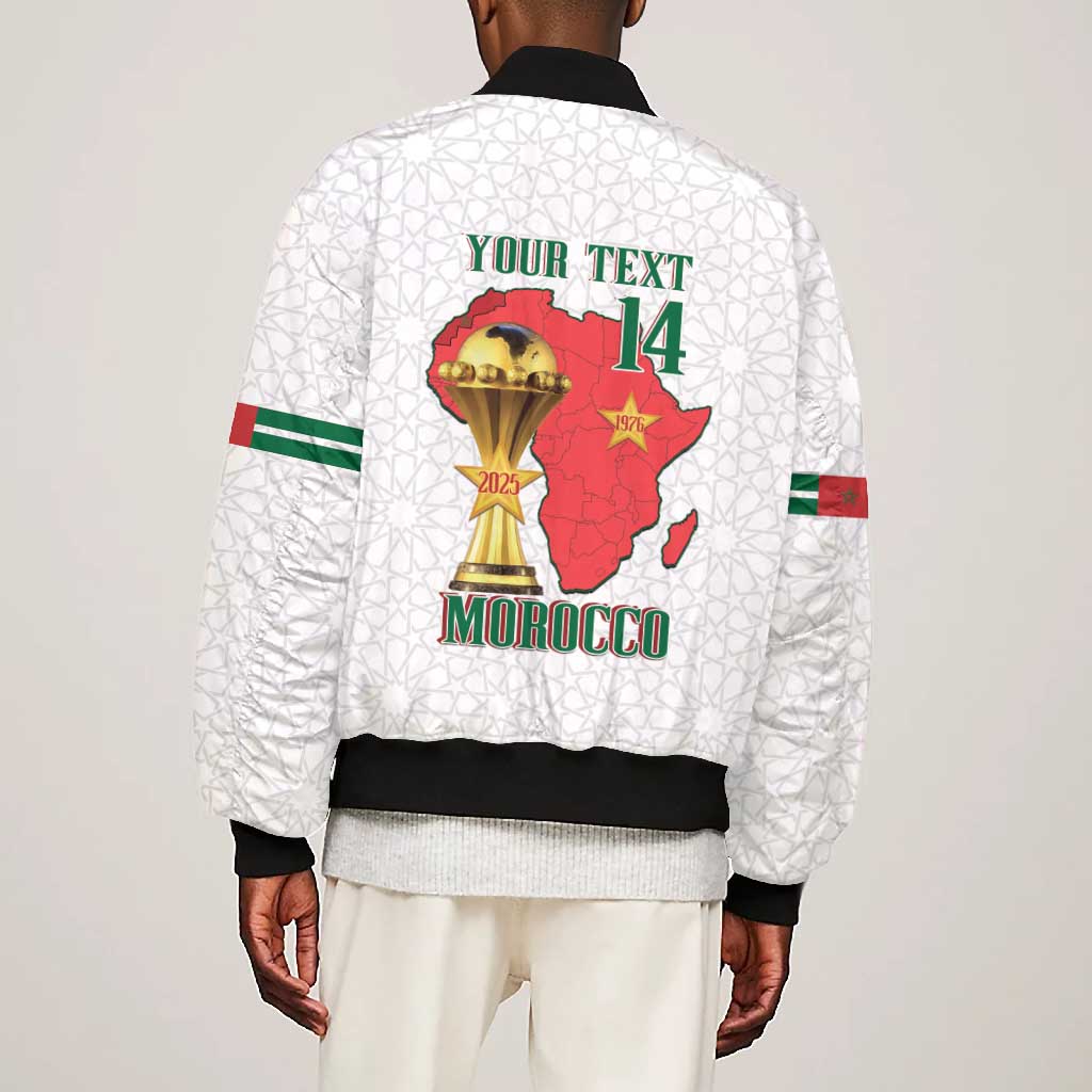 Morocco Football Custom Bomber Jacket Atlas Lions Champions African White Islamic Pattern