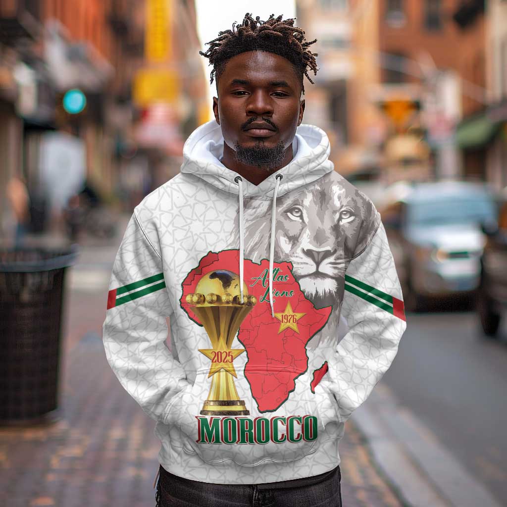 Morocco Football Custom Hoodie Atlas Lions Champions African White Islamic Pattern