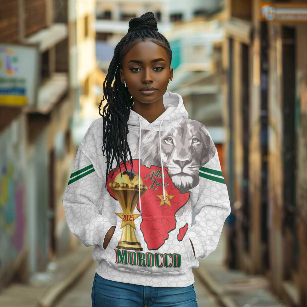 Morocco Football Custom Hoodie Atlas Lions Champions African White Islamic Pattern
