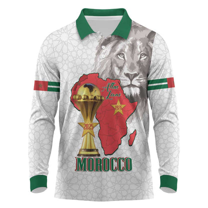 Morocco Football Custom Long Sleeve Polo Shirt Atlas Lions Champions African White Islamic Pattern