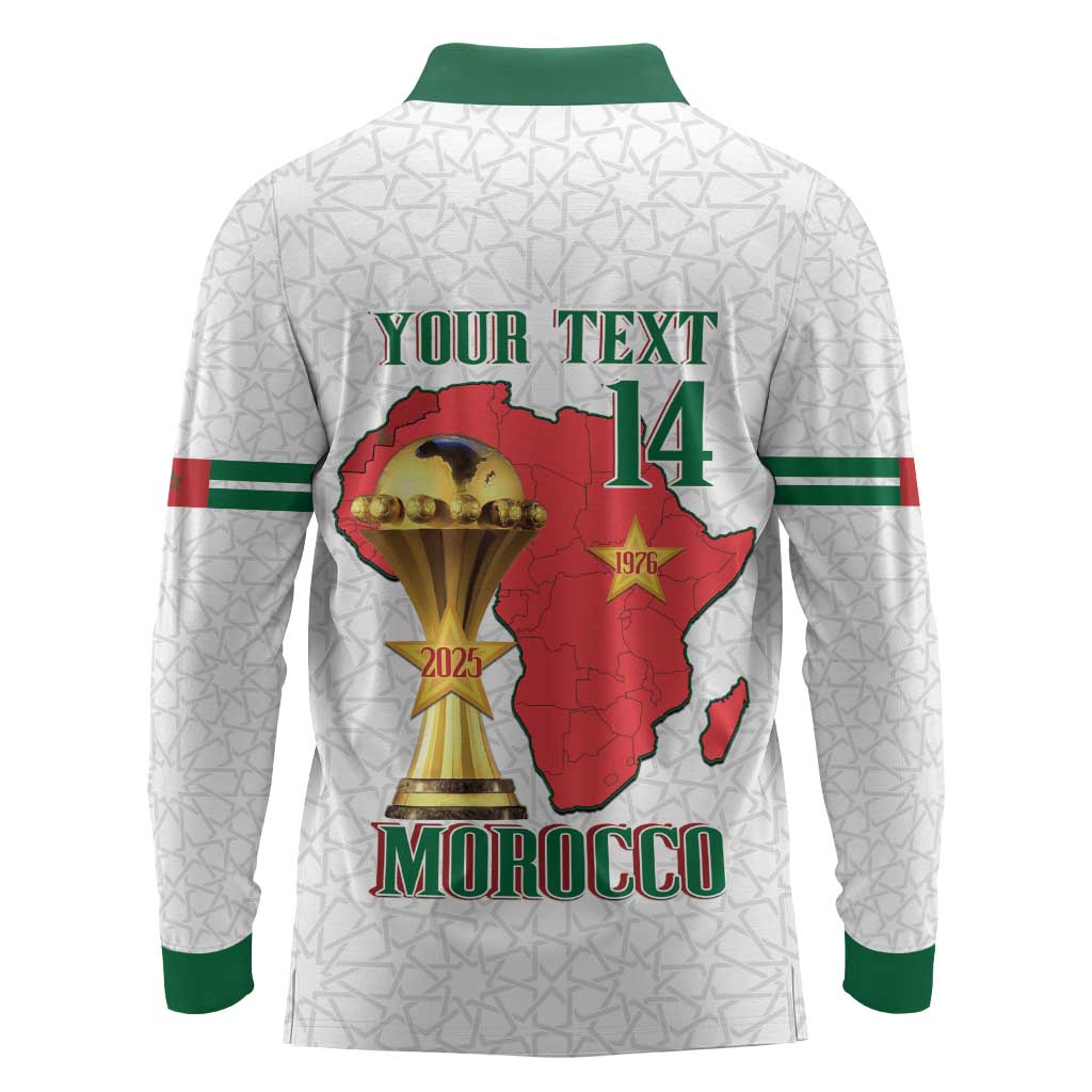 Morocco Football Custom Long Sleeve Polo Shirt Atlas Lions Champions African White Islamic Pattern