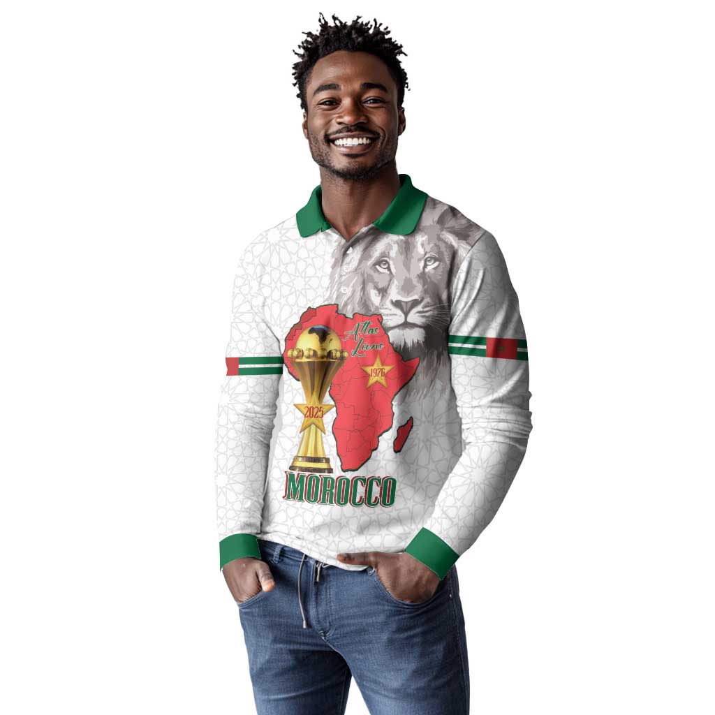 Morocco Football Custom Long Sleeve Polo Shirt Atlas Lions Champions African White Islamic Pattern