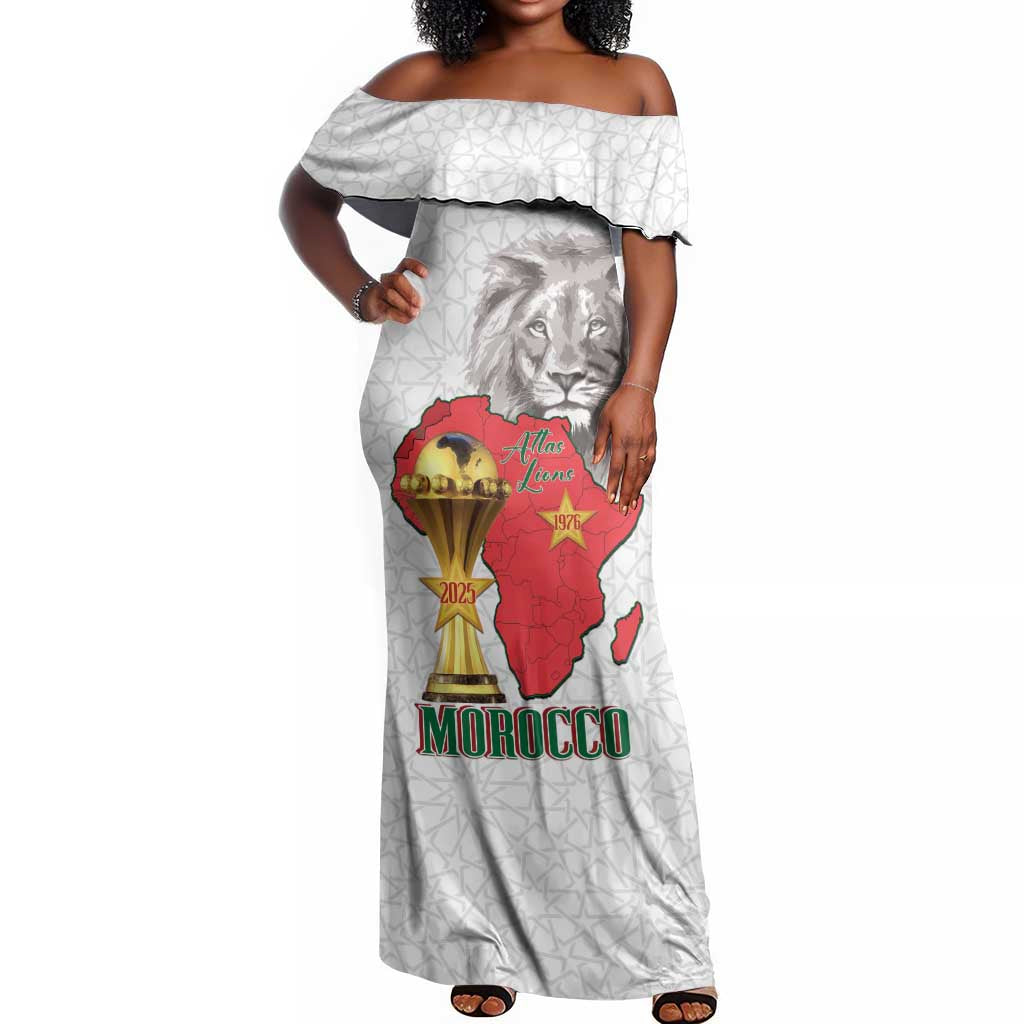 Morocco Football Custom Off Shoulder Maxi Dress Atlas Lions Champions African White Islamic Pattern