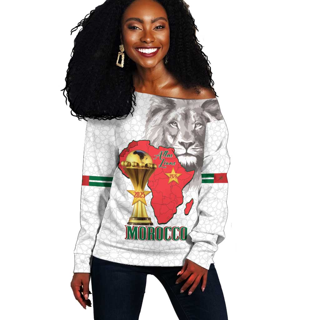 Morocco Football Custom Off Shoulder Sweater Atlas Lions Champions African White Islamic Pattern