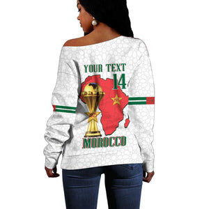 Morocco Football Custom Off Shoulder Sweater Atlas Lions Champions African White Islamic Pattern