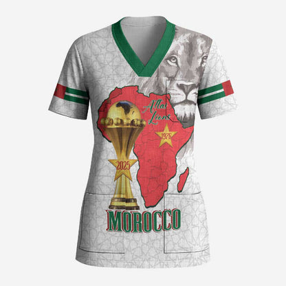 Morocco Football Custom Scrub Top Atlas Lions Champions African White Islamic Pattern