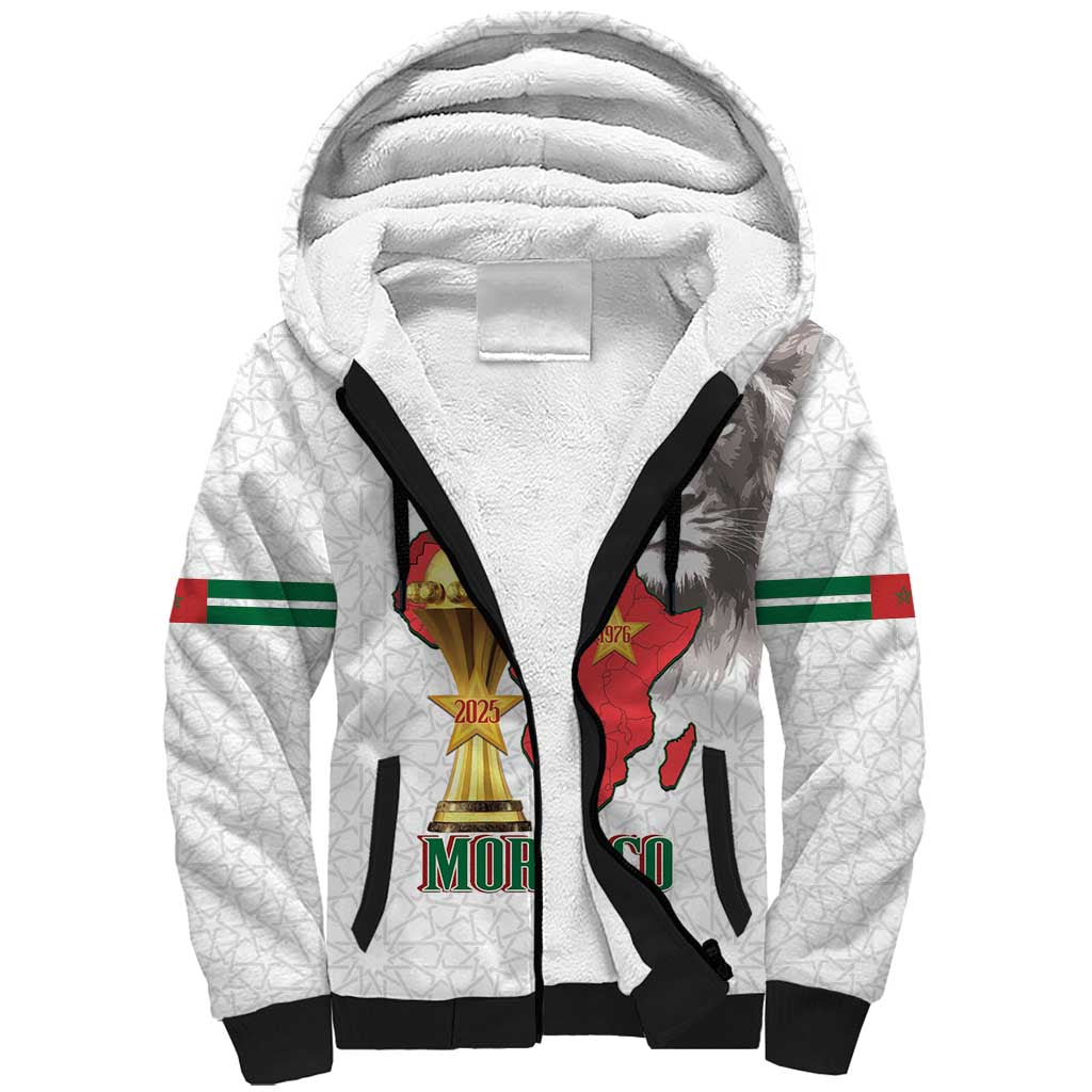 Morocco Football Custom Sherpa Hoodie Atlas Lions Champions African White Islamic Pattern
