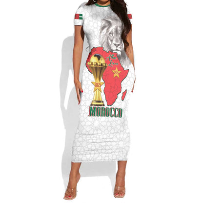 Morocco Football Custom Short Sleeve Bodycon Dress Atlas Lions Champions African White Islamic Pattern