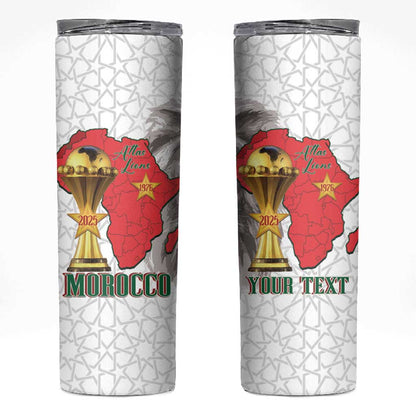 Morocco Football Custom Skinny Tumbler Atlas Lions Champions African White Islamic Pattern