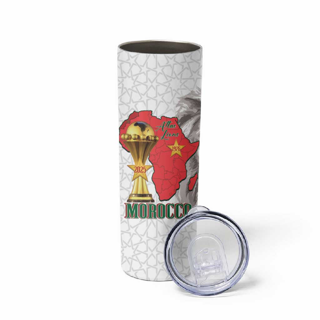 Morocco Football Custom Skinny Tumbler Atlas Lions Champions African White Islamic Pattern