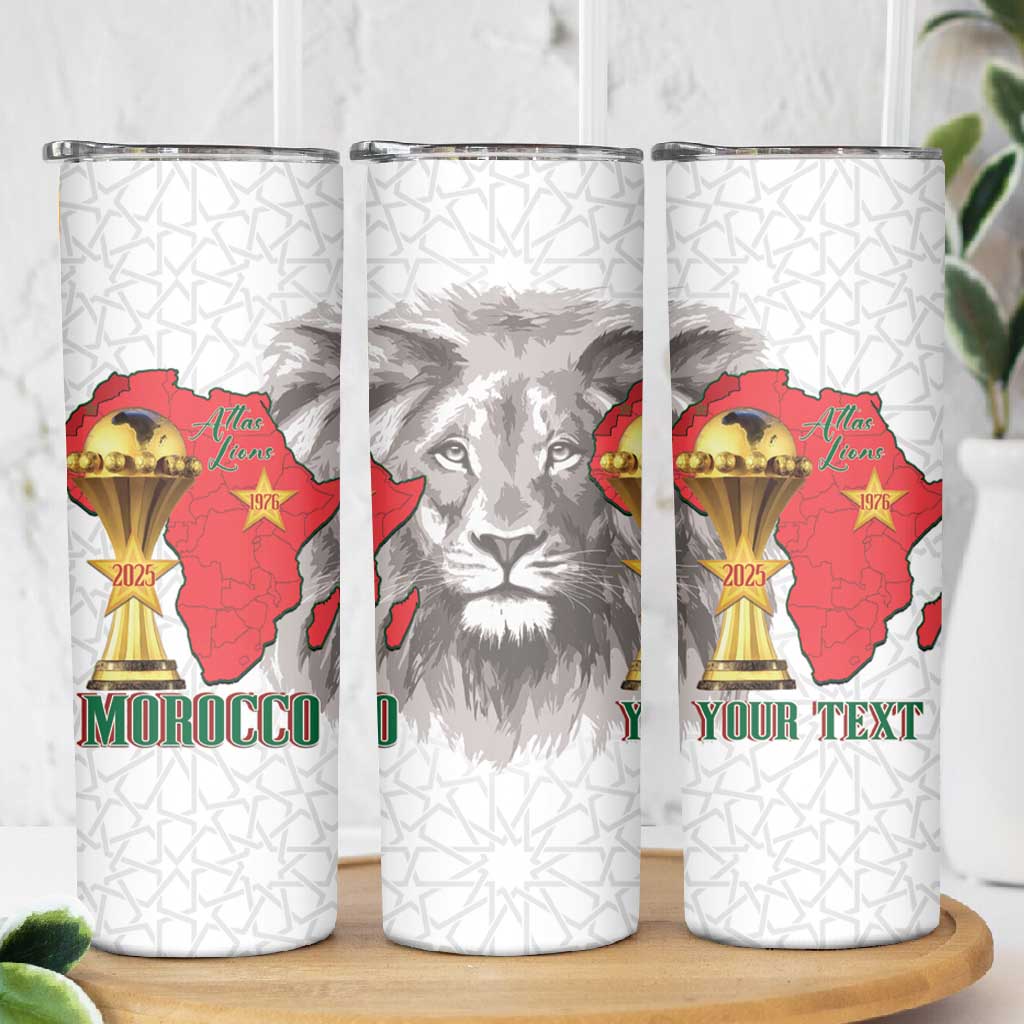 Morocco Football Custom Skinny Tumbler Atlas Lions Champions African White Islamic Pattern
