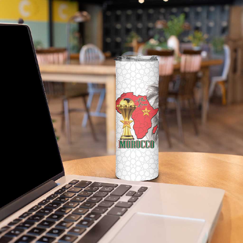 Morocco Football Custom Skinny Tumbler Atlas Lions Champions African White Islamic Pattern