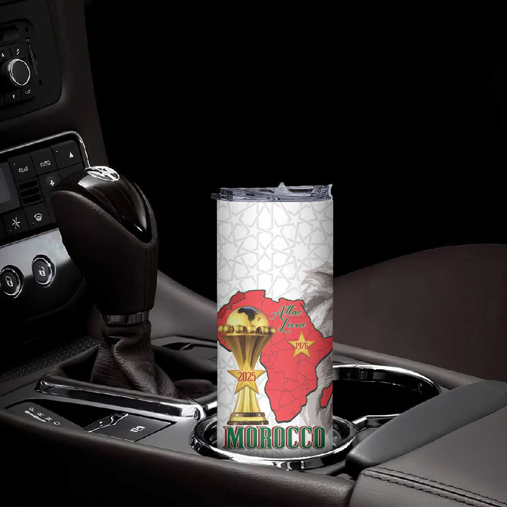 Morocco Football Custom Skinny Tumbler Atlas Lions Champions African White Islamic Pattern