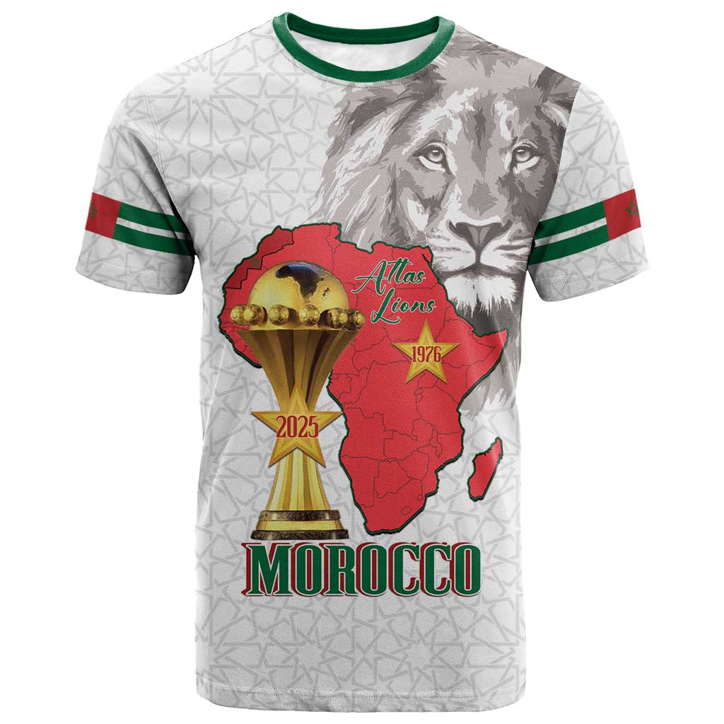 Morocco Football Custom T shirt Atlas Lions Champions African White Islamic Pattern