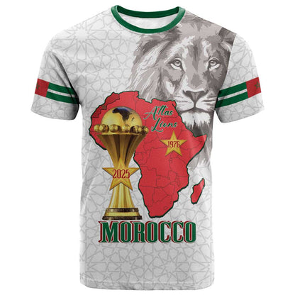 Morocco Football Custom T shirt Atlas Lions Champions African White Islamic Pattern