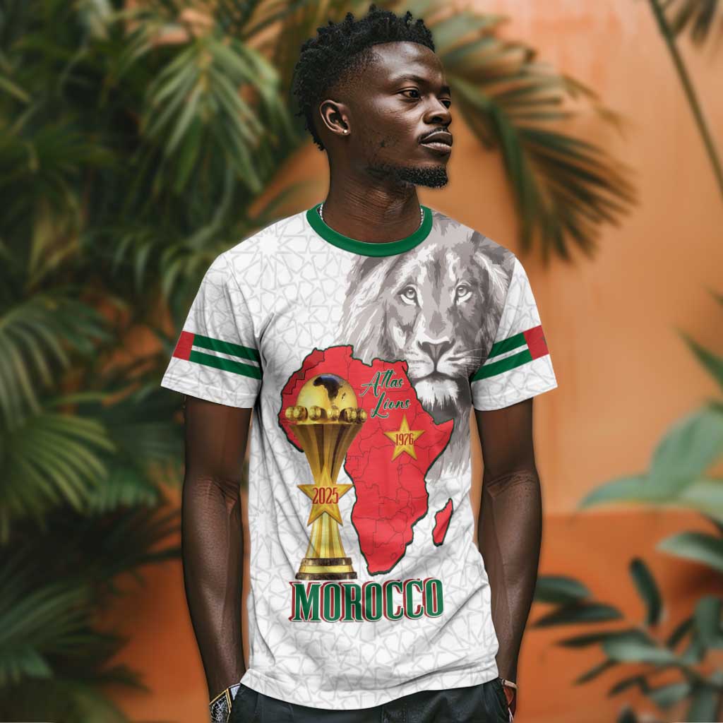 Morocco Football Custom T shirt Atlas Lions Champions African White Islamic Pattern