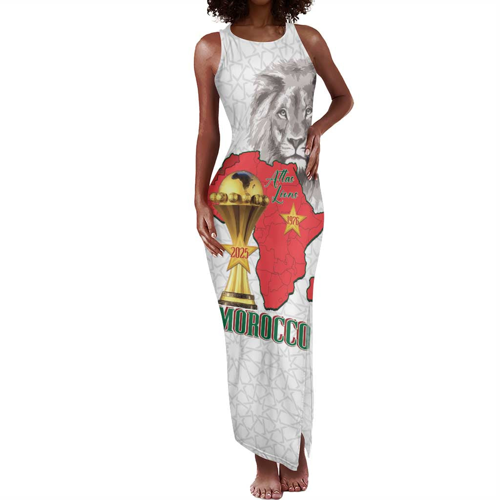 Morocco Football Custom Tank Maxi Dress Atlas Lions Champions African White Islamic Pattern