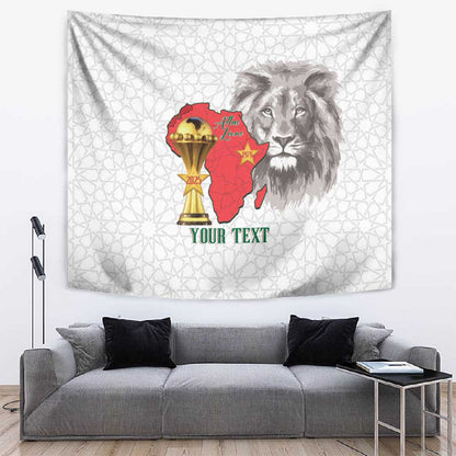 Morocco Football Custom Tapestry Atlas Lions Champions African White Islamic Pattern