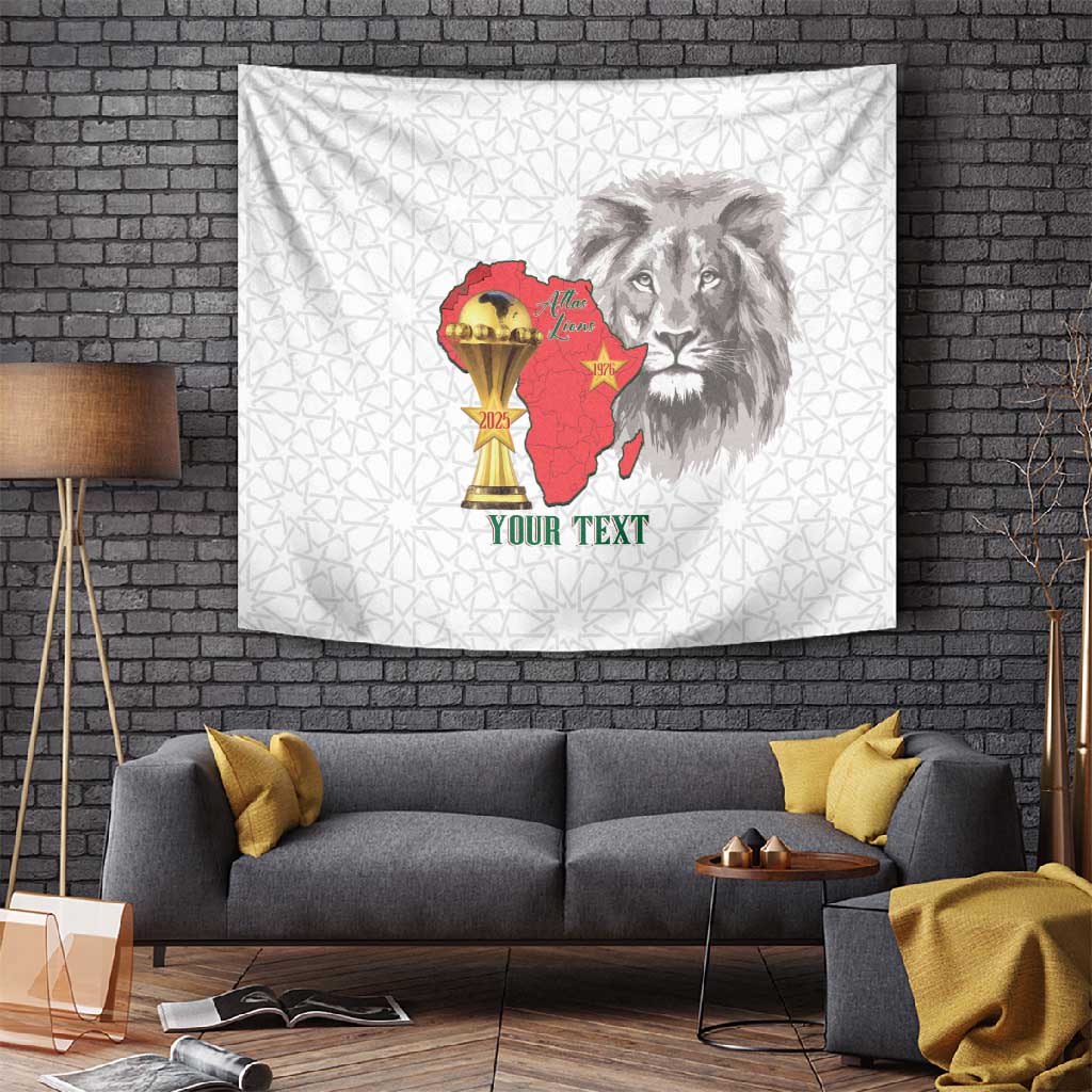 Morocco Football Custom Tapestry Atlas Lions Champions African White Islamic Pattern