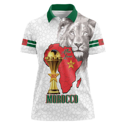 Morocco Football Custom Women Polo Shirt Atlas Lions Champions African White Islamic Pattern