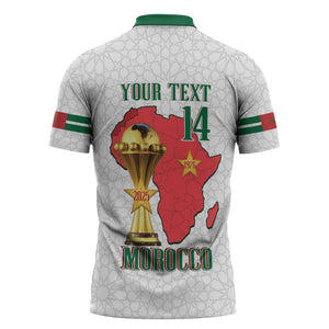 Morocco Football Custom Zipper Polo Shirt Atlas Lions Champions African White Islamic Pattern