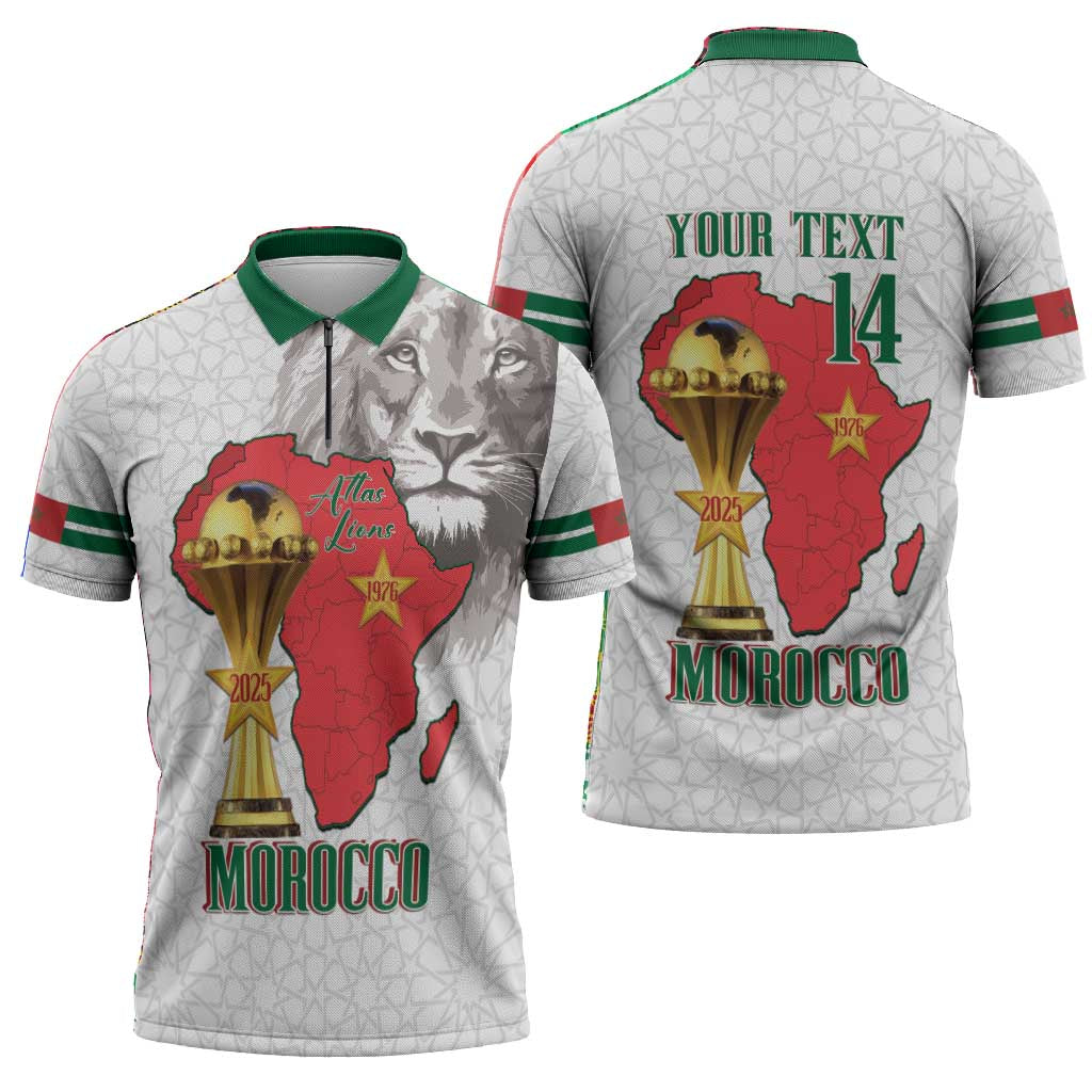 Morocco Football Custom Zipper Polo Shirt Atlas Lions Champions African White Islamic Pattern