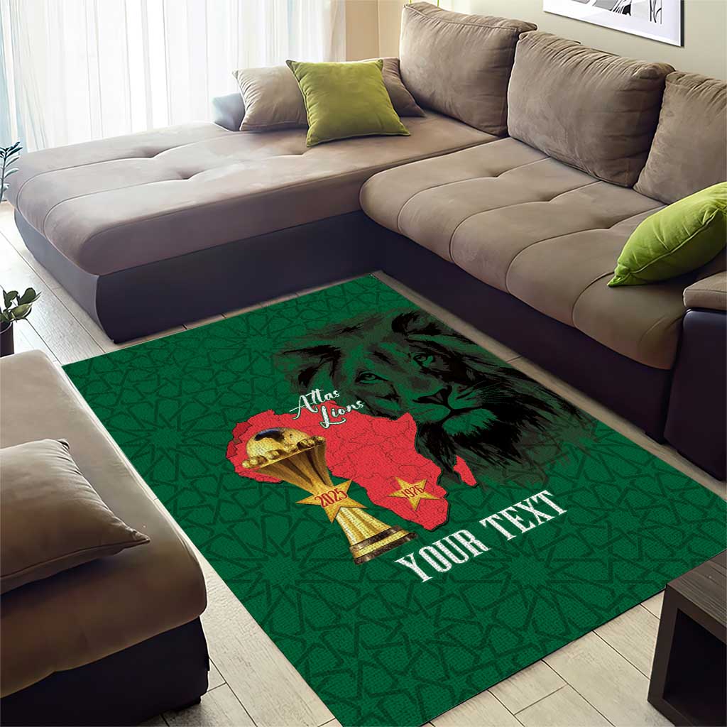 Morocco Football Custom Area Rug Atlas Lions Champions African Green Islamic Pattern