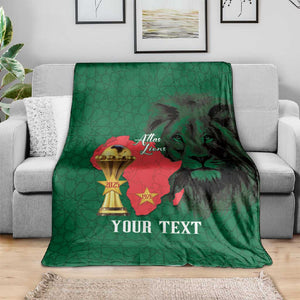 Morocco Football Custom Blanket Atlas Lions Champions African Green Islamic Pattern