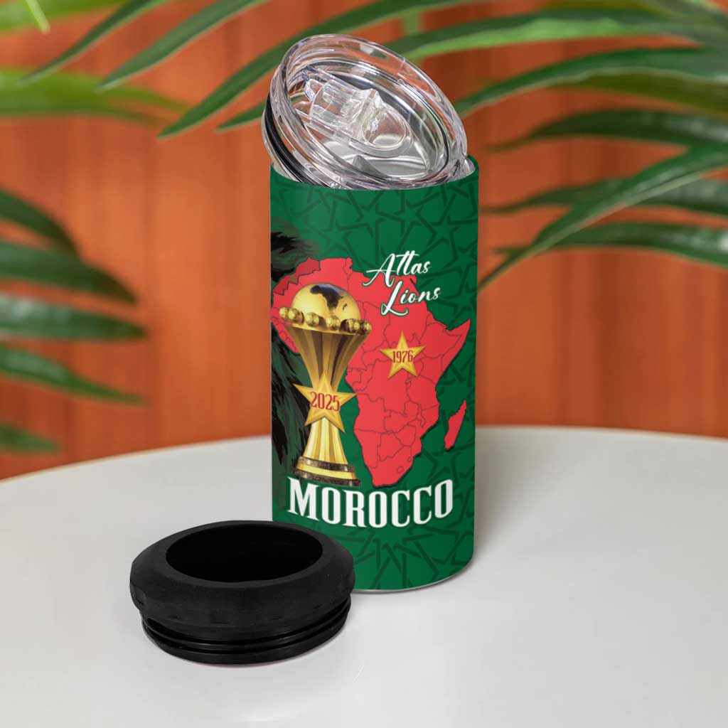 Morocco Football Custom 4 in 1 Can Cooler Tumbler Atlas Lions Champions African Green Islamic Pattern