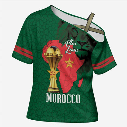 Morocco Football Custom Cross Shoulder Shirt Atlas Lions Champions African Green Islamic Pattern