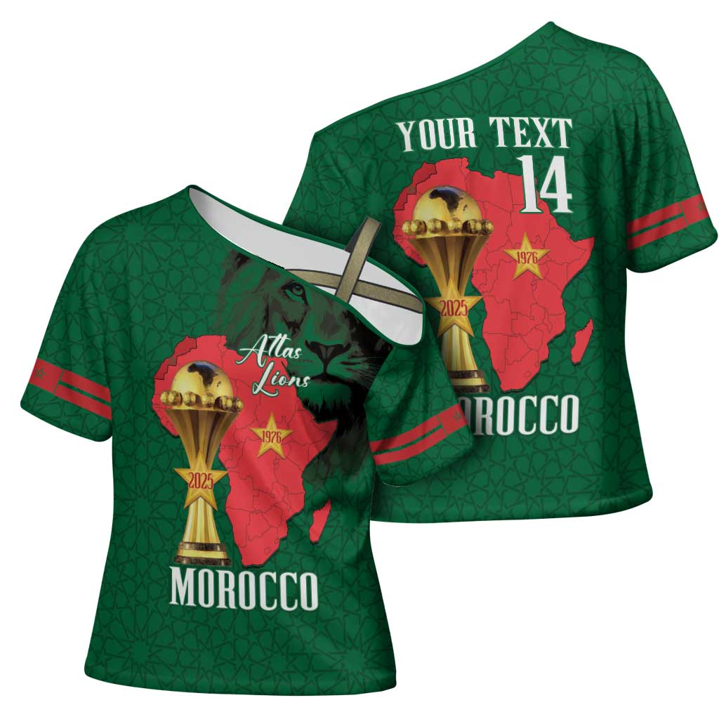 Morocco Football Custom Cross Shoulder Shirt Atlas Lions Champions African Green Islamic Pattern