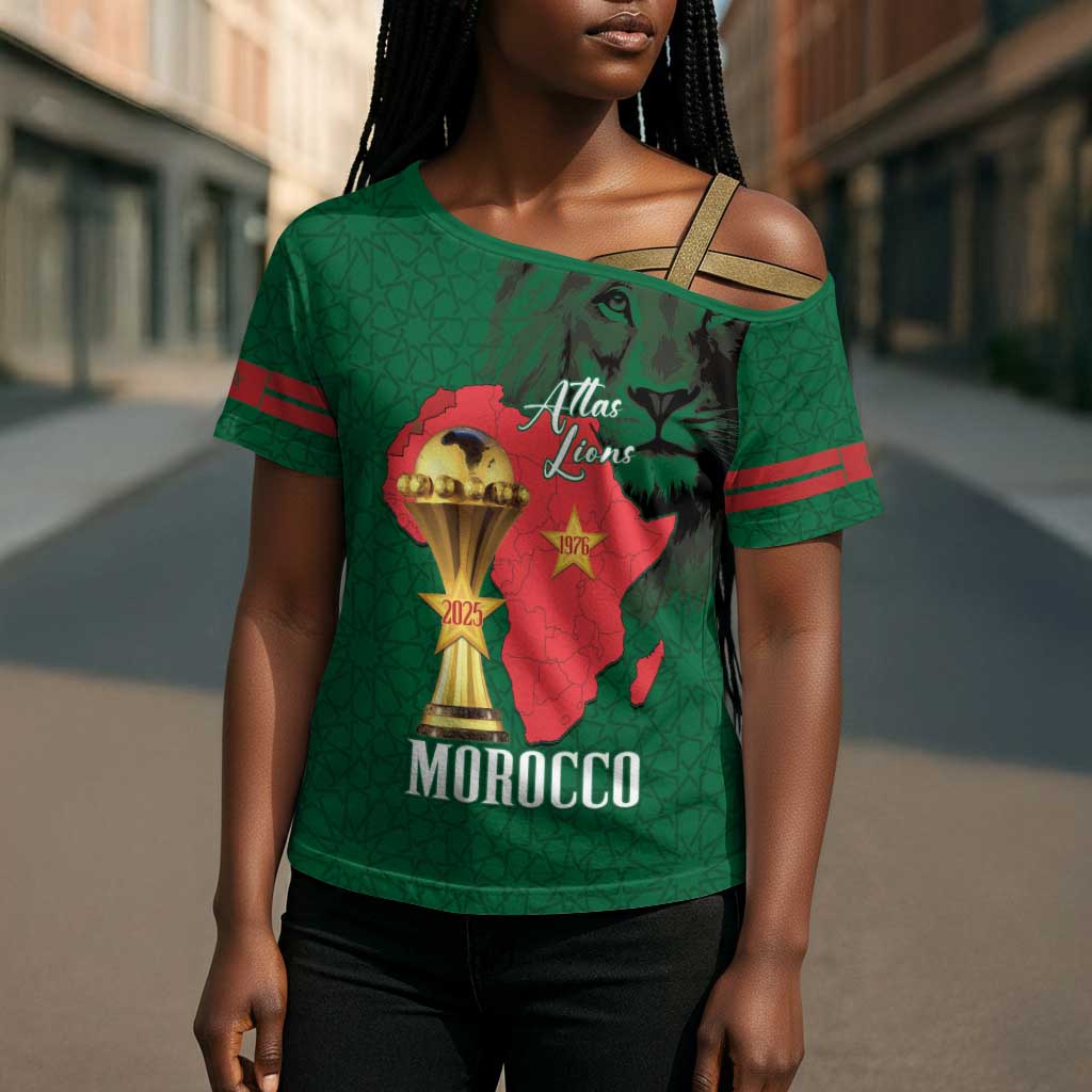 Morocco Football Custom Cross Shoulder Shirt Atlas Lions Champions African Green Islamic Pattern