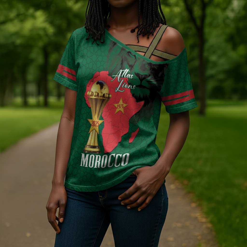 Morocco Football Custom Cross Shoulder Shirt Atlas Lions Champions African Green Islamic Pattern