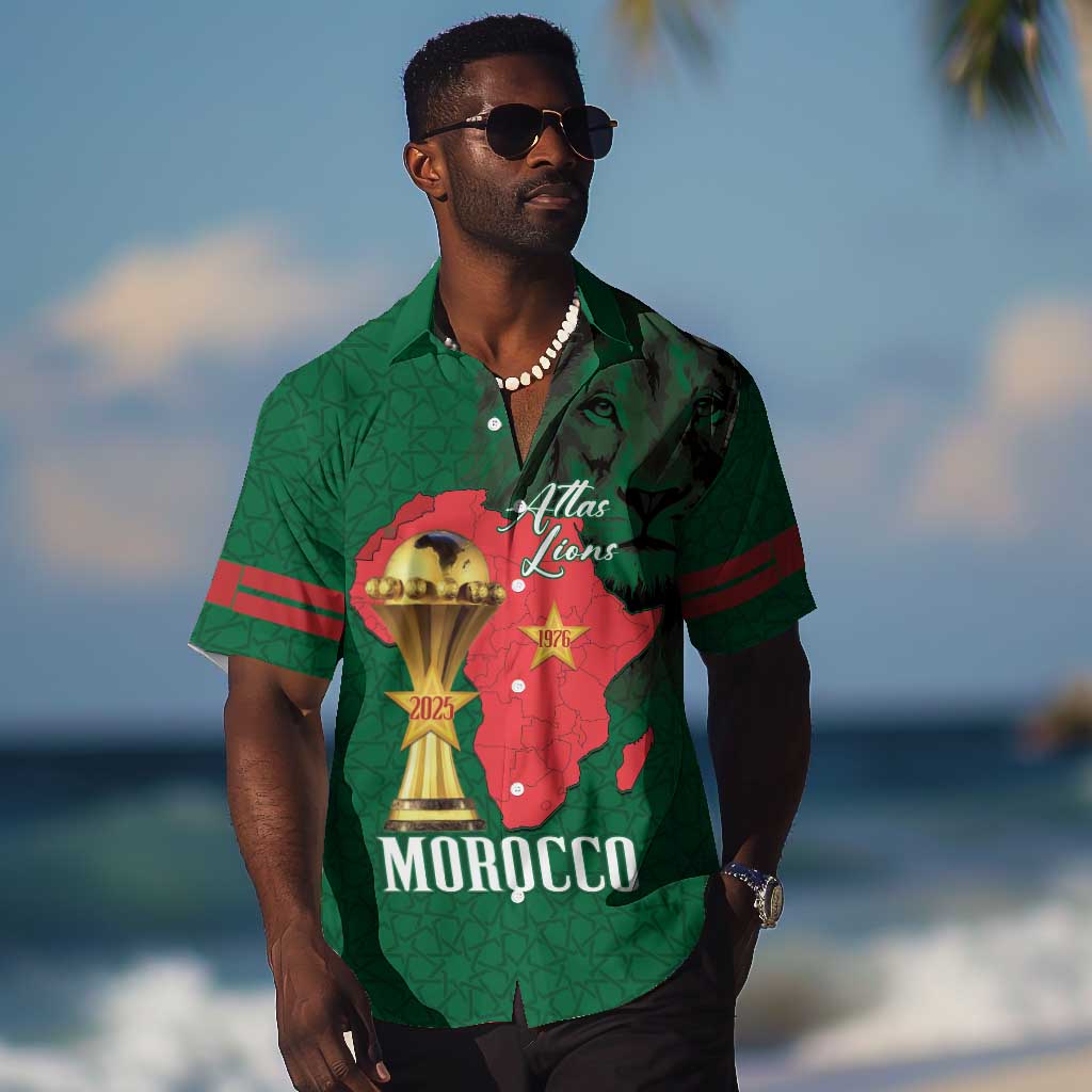 Morocco Football Custom Hawaiian Shirt Atlas Lions Champions African Green Islamic Pattern
