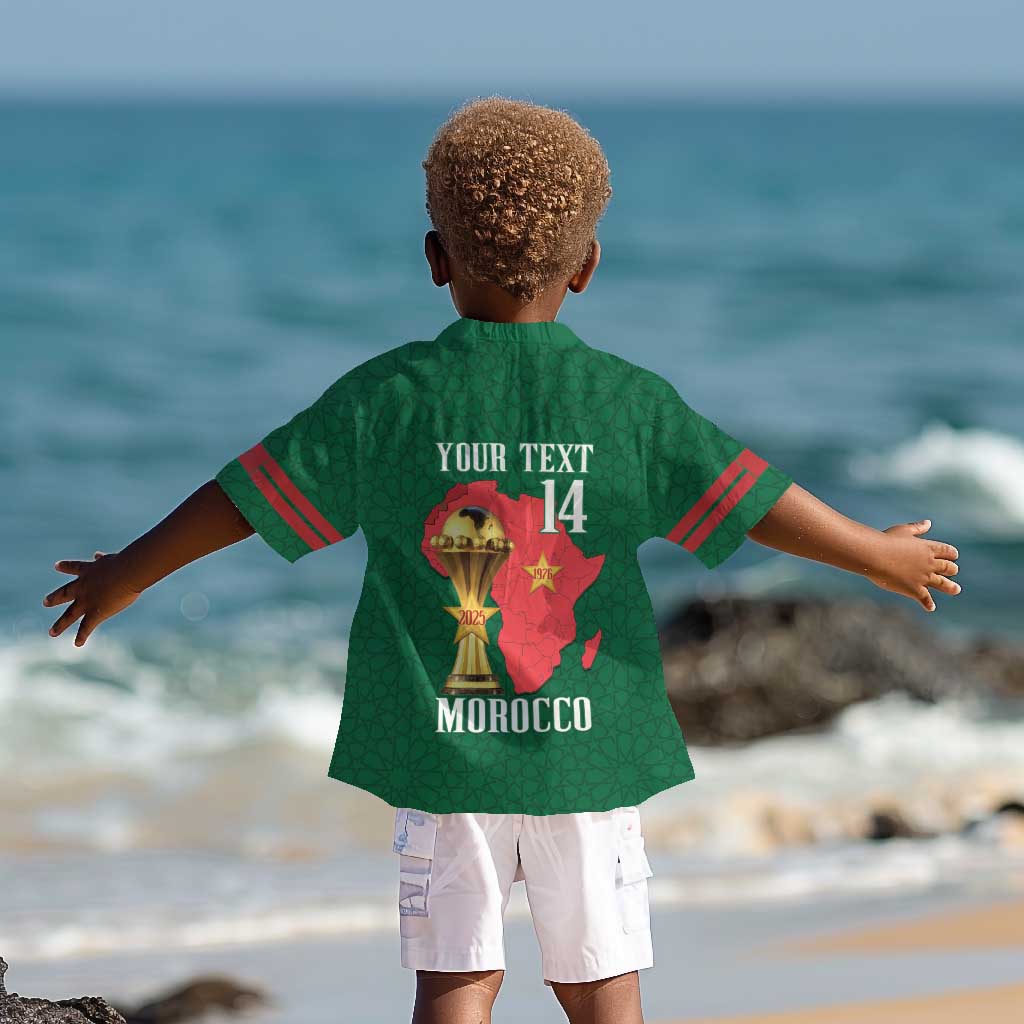 Morocco Football Custom Kid Hawaiian Shirt Atlas Lions Champions African Green Islamic Pattern
