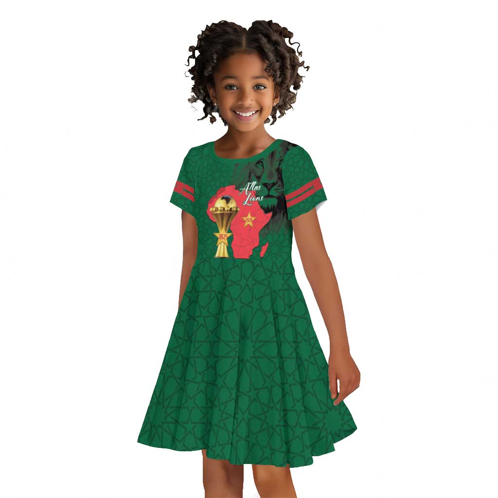 Morocco Football Custom Kid Short Sleeve Dress Atlas Lions Champions African Green Islamic Pattern