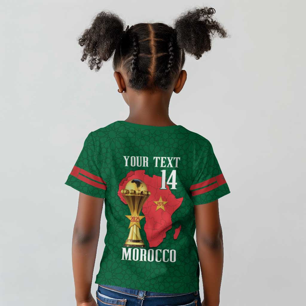 Morocco Football Custom Kid T shirt Atlas Lions Champions African Green Islamic Pattern
