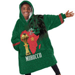 Morocco Football Custom Kid Wearable Blanket Hoodie Atlas Lions Champions African Green Islamic Pattern