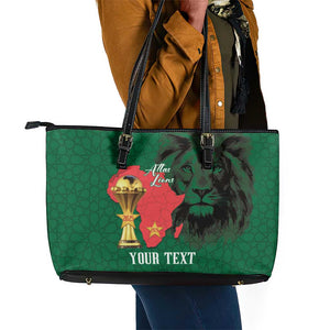 Morocco Football Custom Leather Tote Bag Atlas Lions Champions African Green Islamic Pattern