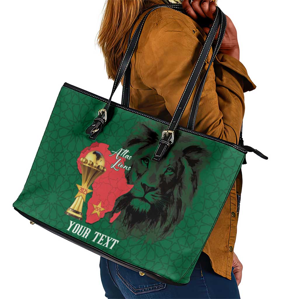Morocco Football Custom Leather Tote Bag Atlas Lions Champions African Green Islamic Pattern