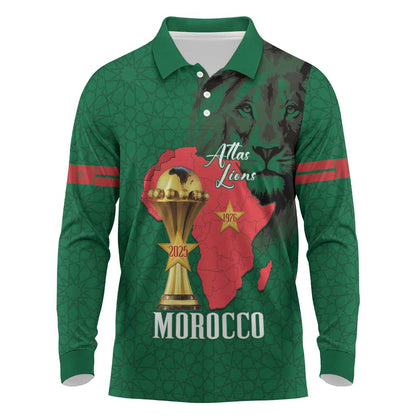 Morocco Football Custom Long Sleeve Polo Shirt Atlas Lions Champions African Green Islamic Pattern